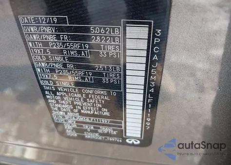 2020 Infiniti Qx50 Luxe Awd z USA, uszkodzony, nr VIN 3PCAJ5M34LF111997